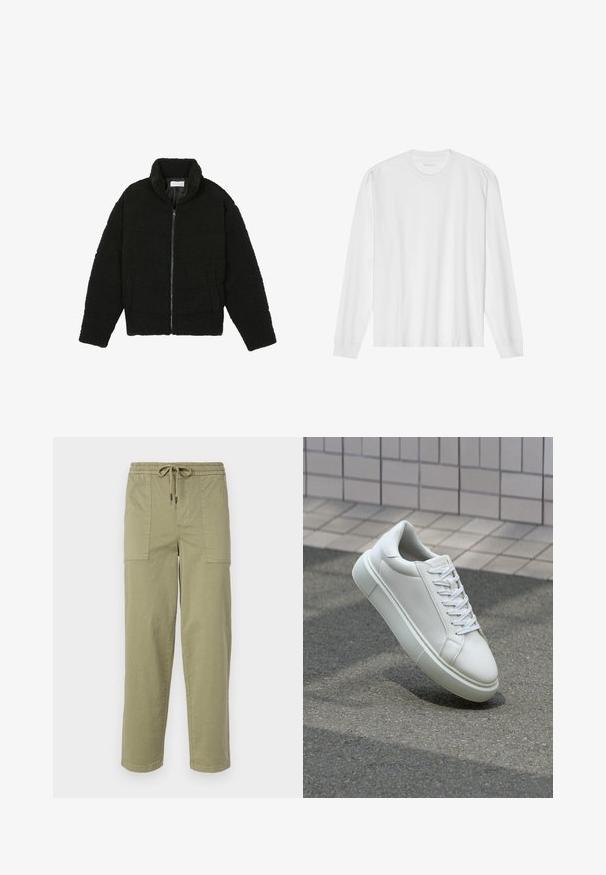 Veste en fausse fourrure noire avec un col haut, fermeture éclair, poignets élastiques et un design matelassé. Elle possède des poches latérales et une texture douce.; T-shirt en coton blanc à manches longues avec un col rond et des poignets côtelés. Design simple et sans ornements, avec une texture lisse et une coupe standard.; Pantalons vert olive clair en tissu mélangé coton, dotés d'une taille élastique avec cordon de serrage et de deux grandes poches latérales.; Baskets en cuir blanc avec une surface lisse, bout rond et lacets plats blancs. Présentent une semelle en caoutchouc texturée et des éléments de design minimalistes.