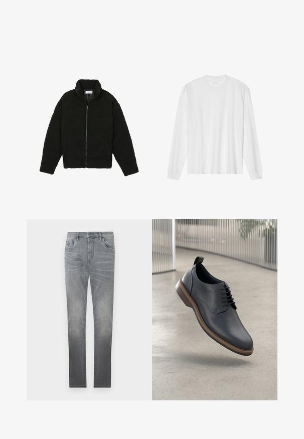 Casaco de pelo sintético preto com gola alta, fecho de zip, punhos elásticos e um design acolchoado. Apresenta bolsos laterais e uma textura suave.; Camiseta de algodão branca de mangas longas com gola redonda e punhos canelados. Design simples e limpo, apresentando uma textura suave e um ajuste padrão.; Jeans de ganga cinza com um design desbotado, estilo de cinco bolsos, fecho de botão e corte reto. Textura suave com ligeira desgaste nas bordas.; Sapato de vestir masculino em pele preta com biqueira arredondada, costura detalhada, atacadores proeminentes e um alto relevo castanho na sola. Projetado com uma alça para puxar.