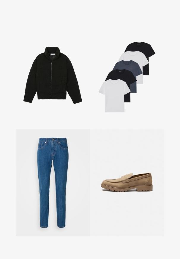 Czarna kurtka z faux futra z wysokim kołnierzem, zapięciem na zamek, elastycznymi mankietami i pikowanym wzorem. Posiada boczne kieszenie i miękką fakturę.; Zestaw pięciu koszulek w kolorach czarnym, białym i granatowym. Wykonane z bawełny, z krótkimi rękawami, klasycznym dekoltem i gładką fakturą, bez wzorów.; Niebieskie dżinsy o prostym kroju, wykonane z denimu, z tradycyjnym pięciopocketowym wzorem, z guzikiem i subtelnym efektami blaknięcia wzdłuż nóg.; Beżowe zamszowe loafersy z okrągłym noskiem, płaską gumową podeszwą i dekoracyjnym przeszyciem na cholewce. Posiadają design typu slip-on, bez sznurówek.