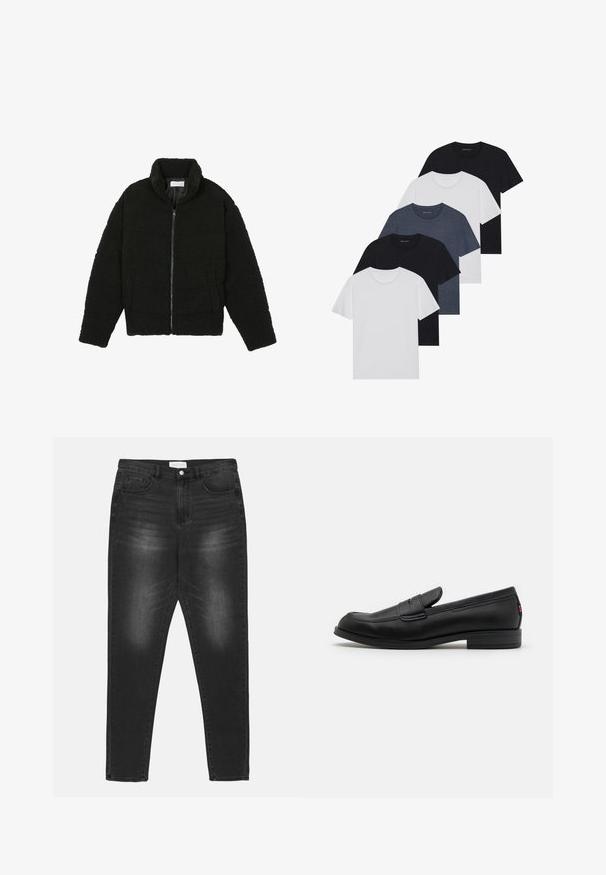 Svart fuskepelsjakke med høy krage, glidelås, elastiske mansjetter og quiltet design. Har sidelommer og en myk tekstur.; Sett av fem t-skjorter i svart, hvit og marineblå. 100% bomull, kortermet, rund halsdesign og ensfarget uten mønstre.; Svarte denimjeans med falmet vask, høy livhånd, fem-lommers design og sølvutstyr. Rett benkutt med kontrastsøm detaljer.; Sorte lærlofter med en glat overflade, rund tå og en lille dekorativ flap. Har en lav stablet hæl og diskret brandingdetalje.