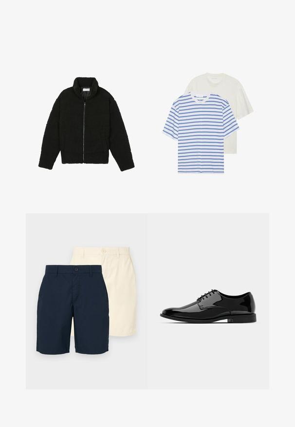 Chaqueta de pelaje sintético negro con cuello alto, cierre de cremallera, puños elásticos y un diseño acolchado. Cuenta con bolsillos laterales y una textura suave.; Dos camisetas de manga corta: una blanca con rayas azules y una de color crema claro sólido. Material de algodón suave, diseño de cuello redondo, ajuste relajado.; Dos pares de pantalones cortos: uno azul marino y otro beige claro. Ambos tienen un corte recto, cierre de botón y tela suave y ligera.; Zapato de vestido de charol negro con puntera redondeada, diseño de cordones y superficie lisa y brillante. Cuenta con una suela de goma de perfil bajo.