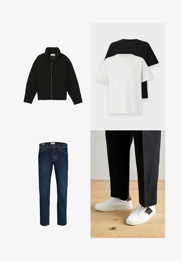 Svart fuskepelsjakke med høy krage, glidelås, elastiske mansjetter og quiltet design. Har sidelommer og en myk tekstur.; Sett med bomull t-skjorter bestående av en svart topp og en hvit topp, begge med korte ermer, rund hals og standard passform. Teksturet stoff.; Mørkeblå dongeri-jeans med straight leg-design, med klassisk fem-lomme stil og en synlig metallknaplukking i livet.; Hvite sneakers med glatt tekstur, med brune skinnakenter og svart detaljer, parret med svarte skreddersydde bukser. Bakgrunn med tregulv.