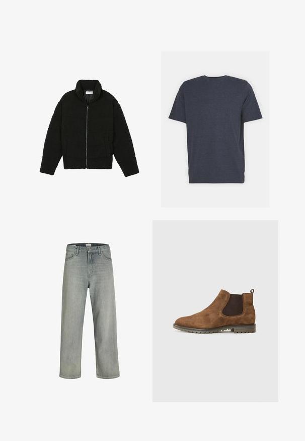 Fekete műszőrme dzseki magas gallérral, cipzáros záródással, rugalmas mandzsettákkal és steppelt mintázattal. Oldalsó zsebekkel rendelkezik, és puha tapintású.; Sötétkék, kerek nyakú póló, puha pamut keverék anyagból készült, rövid ujjú és normál szabású. Nincsenek látható minták vagy díszítések.; Világosszürke, laza szabású farmernadrág. Klasszikus öt zsebes dizájn, övhurkok és egyenes szárú fazon jellemzi.; Barna nubuk Chelsea csizma elasztikus oldalsó panelekkel, húzófüllel és barázdált gumitalppal a tapadás érdekében.