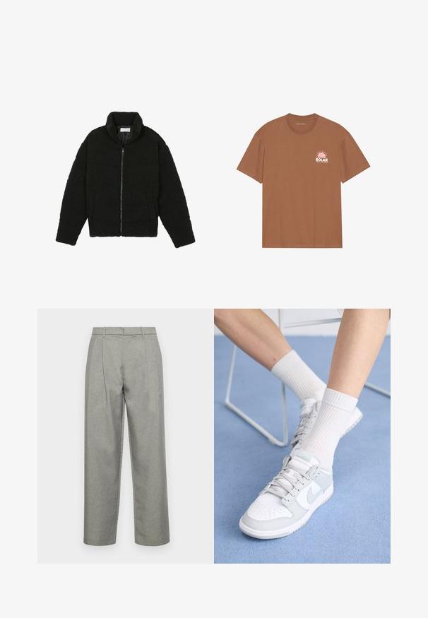 Casaco de pelo sintético preto com gola alta, fecho de zip, punhos elásticos e um design acolchoado. Apresenta bolsos laterais e uma textura suave.; T-shirt castanho de manga curta em algodão, com um gráfico de sol rosa e o texto "SOLAR" no lado esquerdo do peito. Design de gola redonda.; Calças cinzas ajustadas, feitas de tecido texturizado, com design de perna reta, pregas frontais e uma cintura standard com passantes para cinto.; Sapatilhas brancas com detalhes em azul claro, parte superior em couro, bico perfurado, atacadores grossos e meias brancas caneladas contra um fundo azul.