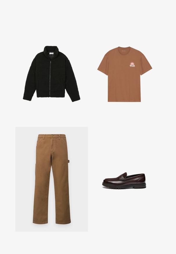 Musta tekokarvalehtijakku korkean kauluksen, vetoketjun, joustavat hihansuut ja tilkkutäkkikuvion. Sisältää sivutaskut ja pehmeän pinnan.; Ruskea lyhythihainen t-paita, joka on valmistettu puuvillasta. T-paidassa on vasemmassa rintamuksessa vaaleanpunainen aurinkokuva ja "SOLAR"-teksti. Pyöreä kaula-aukko.; Ruskeat puuvillaiset cargo-housut, joissa suorat lahkeet, sivutaskut ja metallinen napitus vyötäröllä. Silkkinen pinta ja rento muotoilu.; Ruske nahkahkiset loaferit, joissa on mokkanahka-akcentti, pyöreä kärki ja kuvioitu kumipohja. Ominaisuuksina ovat tikatut yksityiskohdat ja pieni korko.