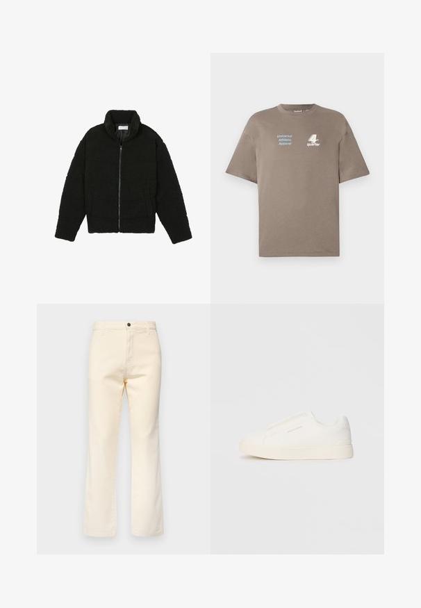 Casaco de pelo sintético preto com gola alta, fecho de zip, punhos elásticos e um design acolchoado. Apresenta bolsos laterais e uma textura suave.; T-shirt de algodão castanho com decote redondo. Apresenta texto azul "Universal Athletic Apparel" e o logótipo branco "4th quarter" na parte da frente. Mangas curtas.; Calças de ganga de algodão em creme, com um design de perna reta, apresentando um fecho frontal por botão e um estilo padrão de cinco bolsos.; Sapatilhas brancas de atacar com uma superfície texturizada, sola grossa e design minimalista. Possui o logo da marca na lateral.