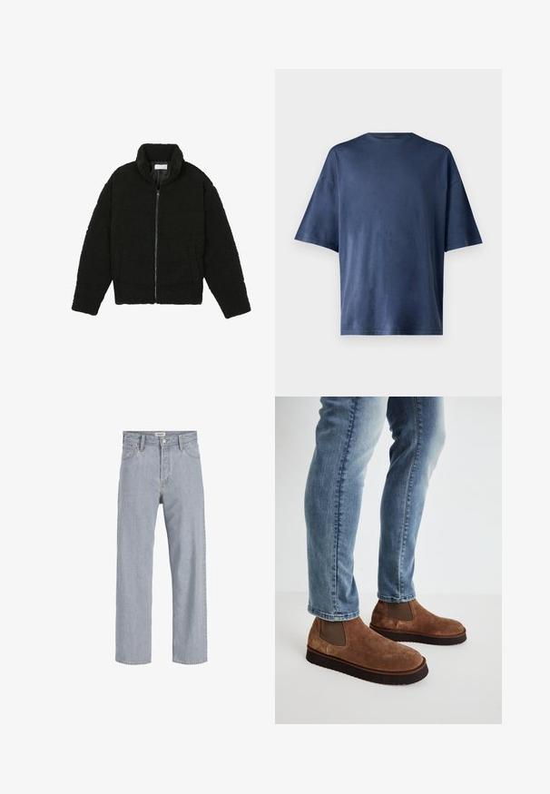 Zwarte faux fur jas met een hoge kraag, ritssluiting, elastische manchetten en een doorgestikt ontwerp. Beschikt over zijzakken en een zachte textuur.; Marineblauwe T-shirt met korte mouwen, gemaakt van zachte stof, heeft een klassieke ronde hals en een relaxed fit, zonder zichtbare patronen of accenten.; Lichtblauwe denim jeans met een relaxed fit, rechte pijpen, zichtbare stiksels, twee voorzakken en een knoopsluiting.; Bruine suède enkellaarsjes met elastische zijpanelen, dikke zwarte rubberen zolen, gedragen met lichtblauwe slim-fit jeans.