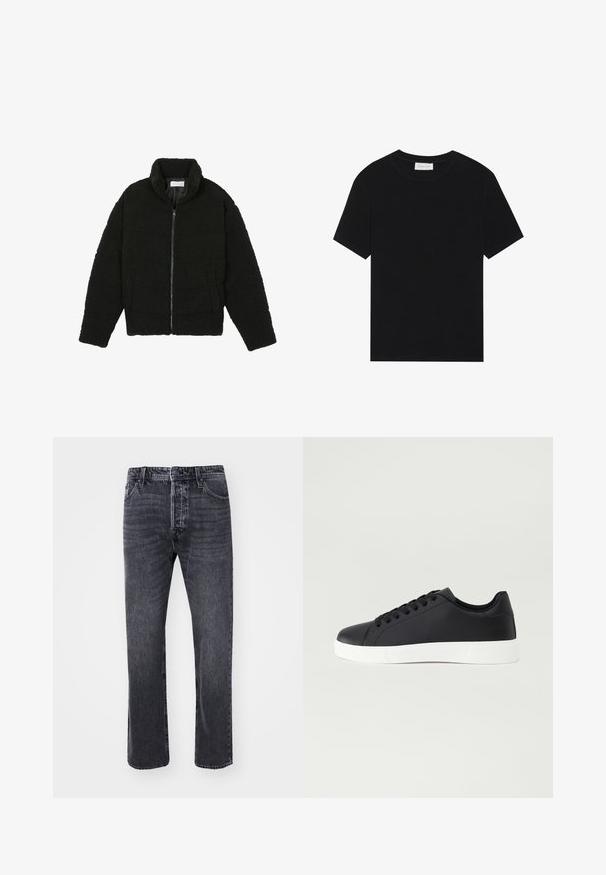 Čierna umelá kožušinová bunda s vysokým golierom, zipsom, elastickými manžetami a prešívaným dizajnom. Má bočné vrecká a jemnú textúru.; Čierne tričko s krátkym rukávom vyrobené z rebrovanej látky, s klasickým výstrihom a jednoduchým, hranatým strihom.; Čierne denimové džínsy so striha v rovnom strihu, s piatimi vreckami, zapínaním na gombík a jemným zosvetlením na látke.; Pier One UNISEX - Tenisky - black