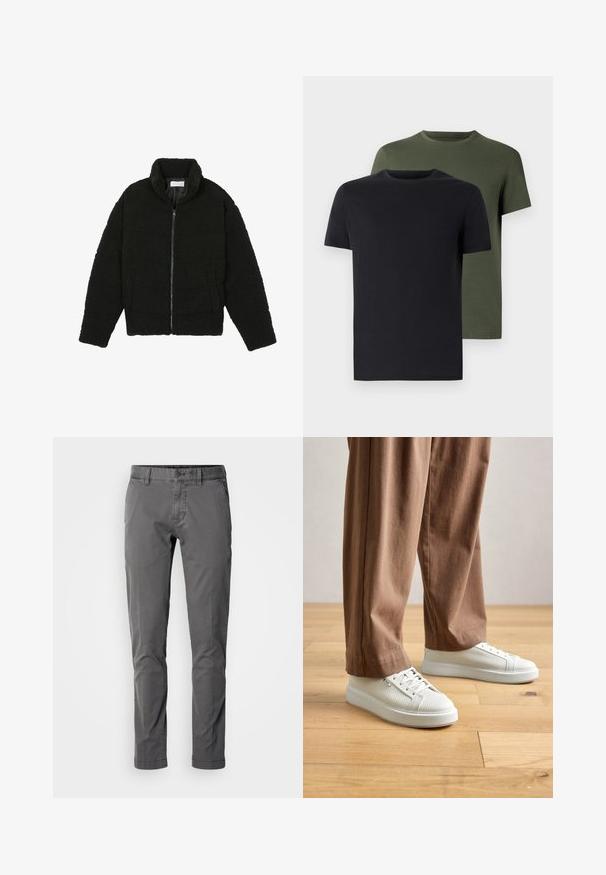 Čierna umelá kožušinová bunda s vysokým golierom, zipsom, elastickými manžetami a prešívaným dizajnom. Má bočné vrecká a jemnú textúru.; Dvé tričká s okrúhlym výstrihom v čiernej a olivovej zelenej farbe, vyrobené z mäkkej bavlnenej látky. Dizajn je jednoduchý s krátkymi rukávmi a rovný strih.; Úzke šedé bavlnené nohavice s gombíkovým zapínaním, bočnými vreckami a hladkou textúrou. Majú klasický dizajn a upravený strih.; Osoba v bielych štruktúrovaných nízkych teniskách a vo voľných hnedých nohaviciach, stojaca na svetlej drevenej podlahe.