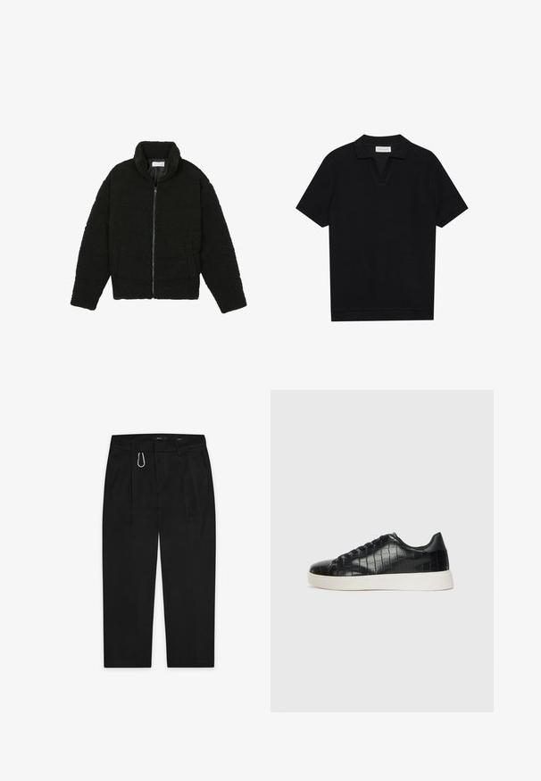 Juoda dirbtinė kailio striukė su aukštu apykakle, užtrauktuku, elastingomis rankovėmis ir siuvinėtu raštu. Su šoninėmis kišenėmis ir švelnia tekstūra.; Juodas trumpas rankovėmis polo marškinėliai su tekstūruota, grioveliais audiniu, turi V formos iškirptę ir tiesų apačią. Nėra matomų logotipų ar raštų.; Juodos kelnes su tiesiais kojomis, kurios turi sidabrinį metalinį karabiną ir dvi šonines kišenes. Pagamintos iš lygaus audinio.; Juodi sportiniai batai su tekstūruotu krokodilo odos pamušalu, apvalia kojų dalimi ir kontrastinga balta guma su lygiu paviršiumi.