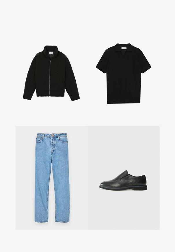 Fekete műszőrme dzseki magas gallérral, cipzáros záródással, rugalmas mandzsettákkal és steppelt mintázattal. Oldalsó zsebekkel rendelkezik, és puha tapintású.; Fekete, rövid ujjú pólóing texturált, bordázott anyagból, v-nyakkivágással és egyenes aljjal. Nincsenek látható logók vagy minták.; Világoskék farmernadrág, egyenes lábszárral, öt zsebes stílussal, látható varrással és gombos, cipzáros záródással.; Fekete bőr, slip-on cipő sima felsőrésszel, varrott díszítéssel, lekerekített orral és alacsony gumitalppal. A talpa minimális bordázattal rendelkezik.