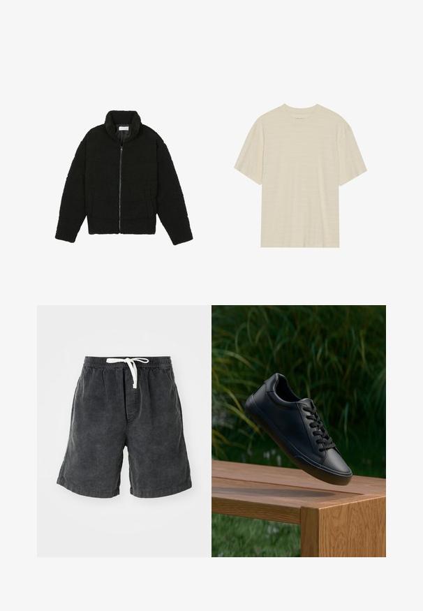 Melnā mākslīgā kažokādas jaka ar augstu apkakli, ar rāvējslēdzēju, elastīgām piedurknēm un kvadrātveida šuvēm. Iespējotas sānu kabatas un mīksta tekstūra.; Kremkrāsas īso piedurkņu t-krekls ar smalku svītrotu tekstūru un apaļu kakla izgriezumu, izgatavots no viegla auduma.; Tumši pelēkas korduroja šortus ar vertikālām svītrām. Iekļauts elastīgs jostasvieta ar balto auklu. Ikdienišķs dizains, kas piemērots siltam laikam.; Melnas ādas sporta apavi ar gludu tekstūru, apaļu purngalu un plakanu šņorēšanu, novietoti virs koka virsmas ar zaļām zālēm fonā.