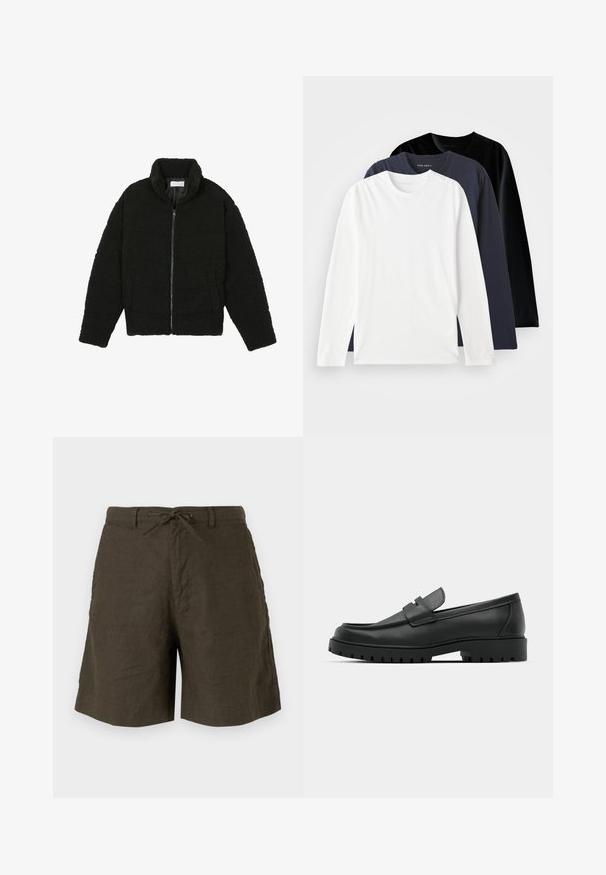 Svart fuskepelsjakke med høy krage, glidelås, elastiske mansjetter og quiltet design. Har sidelommer og en myk tekstur.; Tre langermede T-skjorter stablet: én hvit, én mørk marineblå og én svart. Laget av glatt bomull, med runde nakkekanter og sidespalter.; Kaki shorts laget av lin, med snor i livet, sidelommer og en avslappet passform med en jevn tekstur.; Sorte lærloafere med rund tå, med en syddesign, lav plattformsåle og en teksturert, ruggede gummisåle.