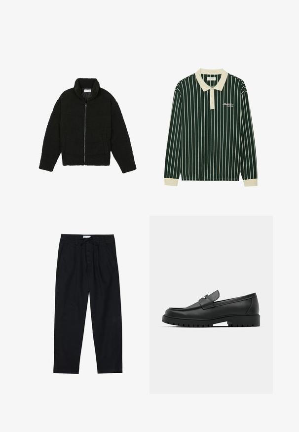 Veste en fausse fourrure noire avec un col haut, fermeture éclair, poignets élastiques et un design matelassé. Elle possède des poches latérales et une texture douce.; Polo à manches longues vert foncé avec des rayures verticales blanches. Équipé d'un col beige, d'une patte de boutonnage à trois boutons et d'un logo brodé.; Pier One Chino - black; Mocassins en cuir noir à bout arrondi, avec un design cousu, une semelle plateforme basse et une semelle en caoutchouc texturée et crantée.
