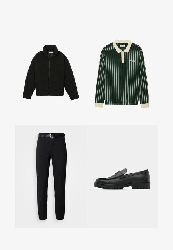 Casaco de pelo sintético preto com gola alta, fecho de zip, punhos elásticos e um design acolchoado. Apresenta bolsos laterais e uma textura suave.; Polo de manga longa em verde escuro com riscas verticais brancas. Apresenta um colarinho bege, tapeta de três botões e um logótipo bordado.; Calças pretas de corte reto, com uma textura suave e um cinto de couro preto com fivela prateada. Design simples, sem padrões ou acentos.; Sapatilhas de couro preto com bico arredondado, apresentando um design cosido, sola de plataforma baixa e um solado de borracha texturizado e com cravos.