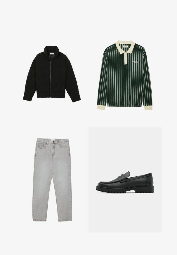 Chaqueta de pelaje sintético negro con cuello alto, cierre de cremallera, puños elásticos y un diseño acolchado. Cuenta con bolsillos laterales y una textura suave.; Camisa polo de manga larga en verde oscuro con rayas verticales blancas. Presenta un cuello beige, tapeta de tres botones y logo bordado.; Pantalones de mezclilla gris claro con un diseño de pierna recta, estilo de cinco bolsillos y cierre de botón. Costuras visibles a lo largo de las costuras.; Mocasines de cuero negro con punta redonda, que cuentan con un diseño cosido, suela de plataforma baja y una suela de goma texturada y con tacos.