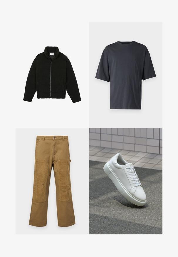 Veste en fausse fourrure noire avec un col haut, fermeture éclair, poignets élastiques et un design matelassé. Elle possède des poches latérales et une texture douce.; T-shirt à manches courtes gris foncé en coton léger, avec une coupe ample et un col rond classique, présentant une texture unie et sans motifs.; Pantalons cargo en coton marron avec des patchs en tissu côtelé contrastant, coupe droite, cinq poches et une fermeture à bouton.; Baskets en cuir blanc avec une surface lisse, bout rond et lacets plats blancs. Présentent une semelle en caoutchouc texturée et des éléments de design minimalistes.