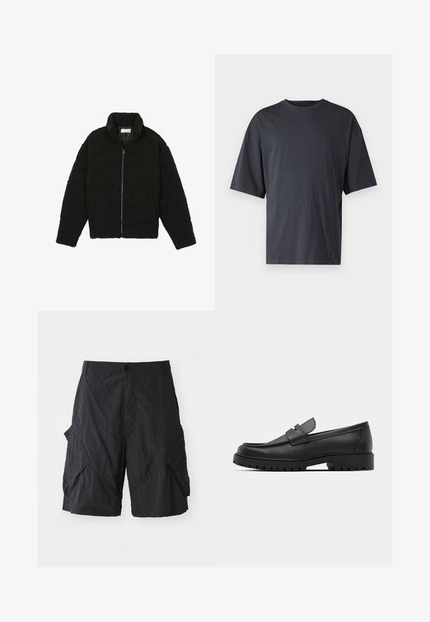 Juoda dirbtinė kailio striukė su aukštu apykakle, užtrauktuku, elastingomis rankovėmis ir siuvinėtu raštu. Su šoninėmis kišenėmis ir švelnia tekstūra.; Tamsiai pilkas trumpas rankovėmis marškinėliai, pagaminti iš lengvos medvilnės, su laisvu kirpimu ir klasikinės apvalios iškirptės dizainu, be raštų ir su vientisu paviršiumi.; Juodų cargo šortų pagamintų iš lengvos medžiagos, turinčių tekstūruotą paviršių, su mygtuko uždarymu ir keliais šoninėmis kišenėmis.; Juodi odiniai loaferiai su apvalia nosimi, su siuvinėtu dizainu, žemu platformos padu ir tekstūruotu, sukibimo raštu padu.