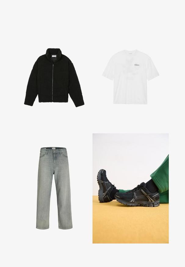 Casaco de pelo sintético preto com gola alta, fecho de zip, punhos elásticos e um design acolchoado. Apresenta bolsos laterais e uma textura suave.; T-shirt de algodão branco com mangas curtas, com uma impressão frontal que diz "Voe para a Tranquilidade" em preto e verde.; Jeans soltos de cor cinza claro feitos de denim. Apresentam um design clássico de cinco bolsos, passadores para cinto e uma silhueta de perna reta.; Sapatos atléticos pretos com parte superior em malha, entressola texturizada e sola em borracha. Apresenta detalhes refletivos e um design estruturado.