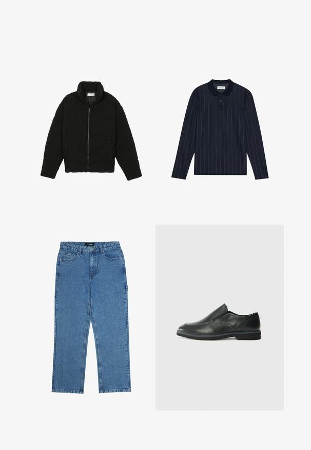 Černá umělá kožešinová bunda s vysokým límcem, zipovým uzávěrem, elastickými manžetami a prošívaným designem. Obsahuje postranní kapsy a jemnou texturu.; Námořnické polo tričko s dlouhým rukávem, s límečkem, který má tenké vertikální pruhy a tři knoflíky. Měkká textura látky.; Modré džíny z denimu s rovnými nohavicemi, které mají pět kapes, zapínání na knoflík a poutka na pásek. Materiál má texturovaný povrch.; Černá kožená nazouvací bota s hladkým svrškem, prošívanými detaily, zaoblenou špičkou a nízkým gumovým podpatkem. Podešev má minimální vzorek.