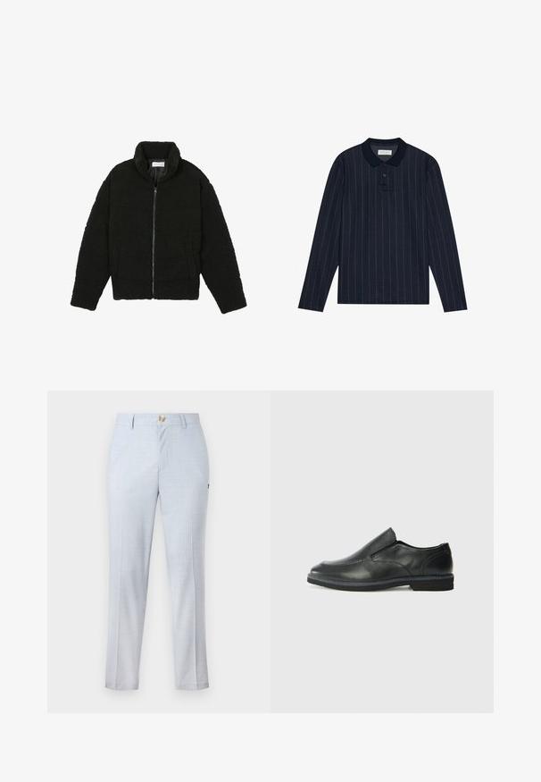 Casaco de pelo sintético preto com gola alta, fecho de zip, punhos elásticos e um design acolchoado. Apresenta bolsos laterais e uma textura suave.; Polo de manga longa azul-marinho com collar, apresentando finas riscas verticais e abertura com três botões. Textura de tecido suave.; Calças de fato azul-claro feitas de tecido tecido, apresentando um corte clássico, perna reta, bolsos frontais e fecho de botão. Detalhe de padrão subtil.; Sapato slip-on preto em pele com um upper liso, acabamentos cosidos, bico arredondado e um salto de borracha baixo. A sola apresenta um padrão de aderência mínimo.