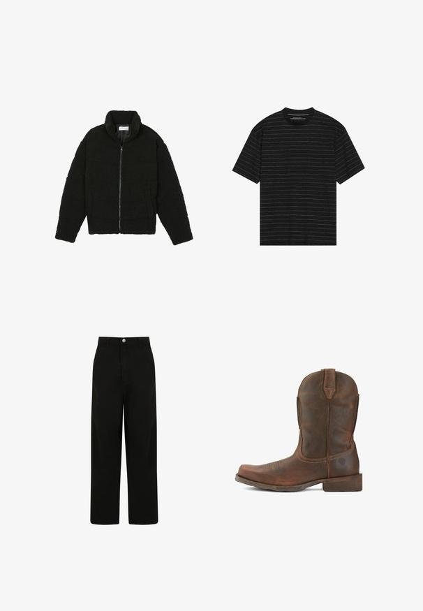 Black faux fur jacket with a high collar, zip closure, elastic cuffs, and a quilted design. Features side pockets and a soft texture.; Black short-sleeve t-shirt featuring thin white horizontal stripes. Made from soft fabric with a crew neckline and relaxed fit.; Black wide-leg trousers, made of cotton. Features a front button closure, two side pockets, and a relaxed fit design.; Ariat WESTERN RAMBLER - Cowboy/biker ankle boot - wicker