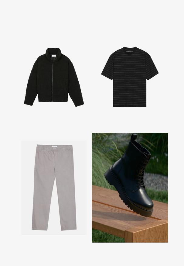 Giacca in pelliccia sintetica nera con colletto alto, chiusura con zip, polsini elasticizzati e design trapuntato. Presenta tasche laterali e una consistenza morbida.; T-shirt nero a maniche corte con sottili righe orizzontali bianche. Realizzato in tessuto morbido con scollatura rotonda e vestibilità comoda.; Pantaloni di cotone grigio chiaro con vita elastica, due tasche laterali, design a gamba dritta e una trama liscia. Dettaglio di cuciture semplice.; Stivaletto nero in pelle con superficie texturizzata, parte anteriore con lacci e suola alta e rigida. Esibito su una superficie di legno con uno sfondo di erba.