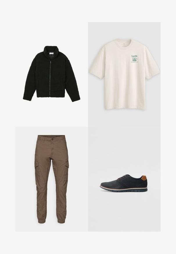 Veste en fausse fourrure noire avec un col haut, fermeture éclair, poignets élastiques et un design matelassé. Elle possède des poches latérales et une texture douce.; T-shirt en coton blanc à manches courtes, arborant un logo Lev's vert et un texte sur le côté gauche de la poitrine. Coupe décontractée, texture lisse.; Pantalons cargo de couleur marron foncé, fabriqués en tissu durable. Comprennent des poignets élastiques, des poches latérales et une fermeture à bouton sur le devant.; Chaussures synthétiques noires avec un dessus texturé, accents lisses, talon marron et semelle contrastante. Présente un laçage minimal et des détails de couture.