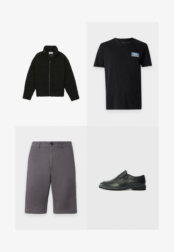 Schwarze Kunstpelzjacke mit hohem Kragen, Reißverschluss, elastischen Bündchen und gestepptem Design. Verfügt über seitliche Taschen und eine weiche Textur.; Schwarzes T-Shirt mit kurzen Ärmeln aus weichem Stoff, mit einem blauen rechteckigen Patch mit dem Text "DENIM TOM TAILOR" auf der linken Brust.; Graue Shorts aus einem Baumwollmischgewebe, mit Knopfverschluss, Seitentaschen und einem sauberen, geraden Schnitt.; Schwarze Leder-Slipper mit glattem Obermaterial, gesteppten Akzenten, runder Zehenpartie und niedrigem Gummiabsatz. Die Sohle hat ein minimales Profil.