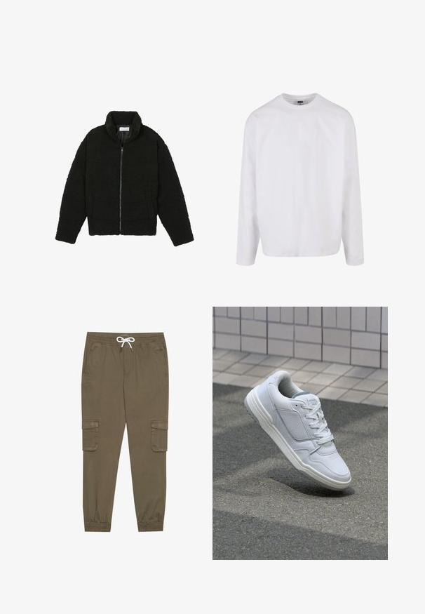 Črna jakna iz umetnega krzna z visokim ovratnikom, z zadrgo, elastičnimi manšetami in kviltanim dizajnom. Ima stranske žepke in mehak tekstur.; Dolga rokavica bela bombažna majica s krožnim ovratnikom, sproščenega kroja in brez vidnih vzorcev ali odtenkov. Gladka tekstura.; Khaki cargo hlače z elastičnim pasom in vrvico, z stranskimi žepi in manšetami na gležnjih. Narejene so iz teksturiranega, lahkega materiala.; Bela usnjena superga s perforiranimi stranicami, teksturiranimi detajli, ravnimi vezalkami in kontrastno sivo peto. Ima rahlo dvignjen podplat.