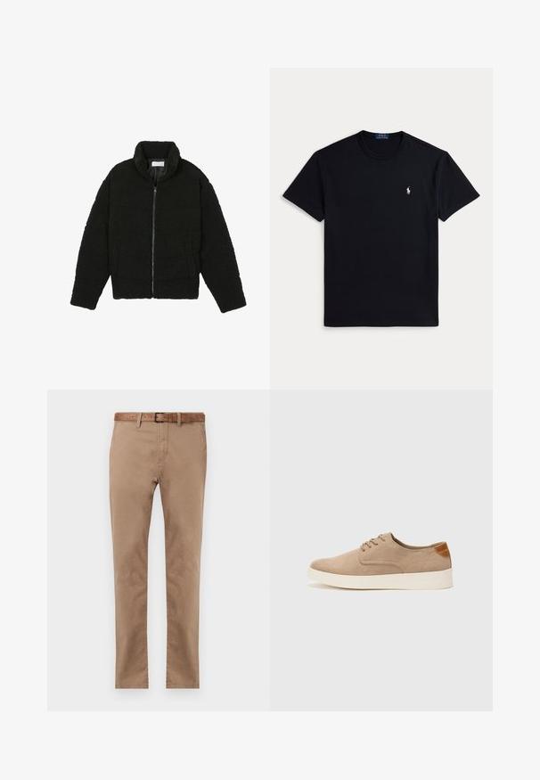 Veste en fausse fourrure noire avec un col haut, fermeture éclair, poignets élastiques et un design matelassé. Elle possède des poches latérales et une texture douce.; T-shirt en coton noir avec un col rond, des manches courtes et un petit logo brodé sur la poitrine gauche. Texture lisse.; Chino en coton beige avec une coupe droite, doté d'une ceinture en cuir marron, de deux poches avant et d'une texture lisse.; Baskets en daim beige avec un embout arrondi, un laçage sur le devant et un accent texturé à l'arrière. La semelle en caoutchouc blanche offre un contraste. Design simple et moderne.