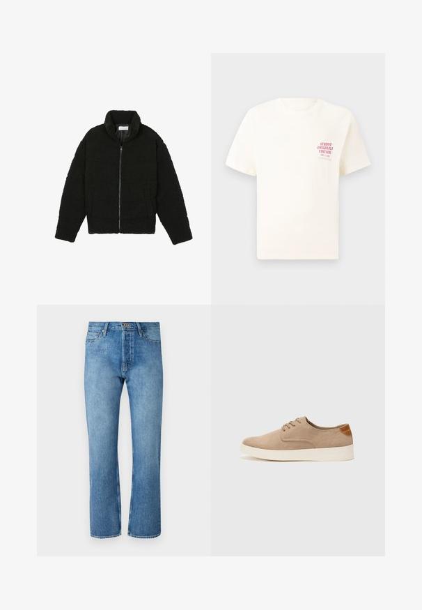 Juoda dirbtinė kailio striukė su aukštu apykakle, užtrauktuku, elastingomis rankovėmis ir siuvinėtu raštu. Su šoninėmis kišenėmis ir švelnia tekstūra.; Balta trumpa rankovėmis marškinėliai su raudonu užrašu "Studio Originals Edition" kairiajame krūtinės šone, rodomi neutralioje pilkoje aplinkoje.; Šviesiai mėlynos džinsinės kelnės su tiesiu kirpimu, turinčios klasiką penkių kišenių dizainą, sagos uždarymą ir kontrastinę siūlę.; Bežiniai zomšiniai sportbačiai su apvaliomis pirštų dalimis, raišteliais priekyje ir tekstūruotu užkulniu. Balta guma suteikia kontrastą. Paprastas ir modernus dizainas.
