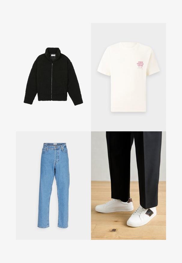 Czarna kurtka z faux futra z wysokim kołnierzem, zapięciem na zamek, elastycznymi mankietami i pikowanym wzorem. Posiada boczne kieszenie i miękką fakturę.; Biała koszulka z krótkim rękawem z czerwonym napisem "Studio Originals Edition" po lewej stronie klatki piersiowej, wyeksponowana na neutralnym szarym tle.; Jasnoniebieskie dżinsy o wysokim stanie i prostych nogawkach z przednim zapięciem na guziki, zamkiem błyskawicznym, szyjką na pasek oraz pięcioma kieszeniami na białym tle.; Białe trampki o gładkiej fakturze, z brązowymi skórzanymi akcentami i czarnymi detalami, zestawione z czarnymi eleganckimi spodniami. Tło stanowi drewniana podłoga.