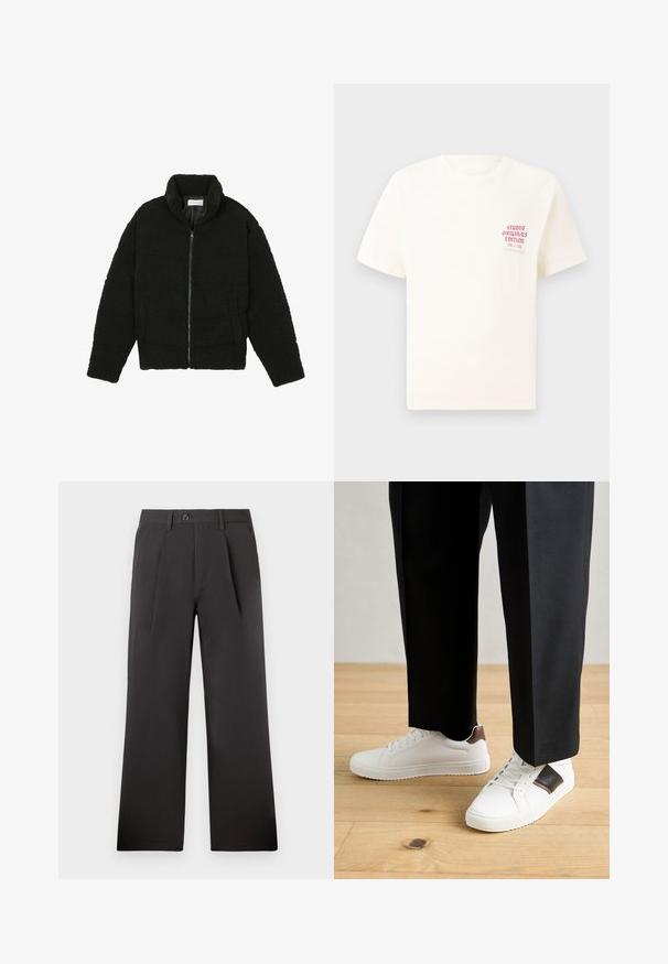 Musta tekokarvalehtijakku korkean kauluksen, vetoketjun, joustavat hihansuut ja tilkkutäkkikuvion. Sisältää sivutaskut ja pehmeän pinnan.; Valkoinen lyhythihainen t-paita, jossa on punainen teksti "Studio Originals Edition" vasemmalla rinnalla, esitetty neutraalilla harmaalla taustalla.; Musta laskostettu housut suoran lahkeen muotoilulla, valmistettu sileästä kankaasta. Varustettu nappikiinnityksellä ja vyölenkeillä vyötäröllä.; Valkoiset tennarit, joissa on sileä pinta, ruskealla nahka-akentilla ja mustilla yksityiskohdilla, yhdistetty mustiin räätälöityihin housuihin. Taustalla puulattia.