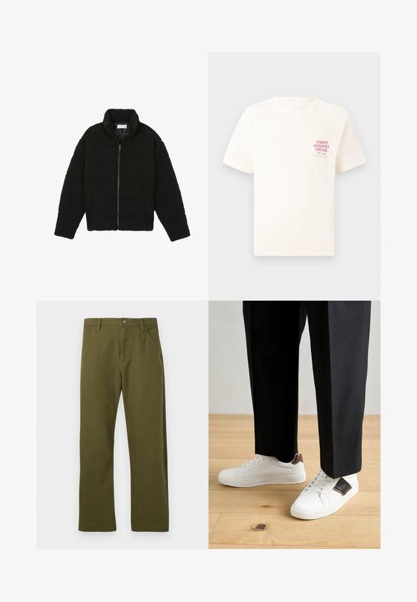 Jachetă din blană sintetică neagră, cu guler înalt, închidere cu fermoar, manșete elastice și un design matlasat. Dispune de buzunare laterale și o textură moale.; Tricou alb cu mânecă scurtă, având text roșu "Studio Originals Edition" pe partea stângă a pieptului, expus pe un fundal gri neutru.; Pantaloni din bumbac verzi cu croială dreaptă, având un design cu buzunare frontale, închidere cu un nasture metalic și detalii subtile de cusătură.; Sneakers albe cu textură netedă, având accente din piele maro și detalii negre, asociate cu pantaloni negri pe măsură. Fundal din podea din lemn.