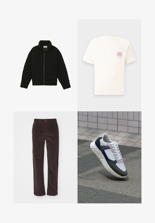 Musta tekokarvalehtijakku korkean kauluksen, vetoketjun, joustavat hihansuut ja tilkkutäkkikuvion. Sisältää sivutaskut ja pehmeän pinnan.; Valkoinen lyhythihainen t-paita, jossa on punainen teksti "Studio Originals Edition" vasemmalla rinnalla, esitetty neutraalilla harmaalla taustalla.; Ruske corduroy hlače s ravnim krojem, z gumbom za zapiranje in zavihanimi robovi, ki prikazujejo vertikalno rebrasto strukturo.; Valkoinen, laivastonsininen ja harmaa tennari sekamateriaalimuotoilulla, jossa on teksturoitu päällinen, litteät nauhat ja pehmustettu pohja.