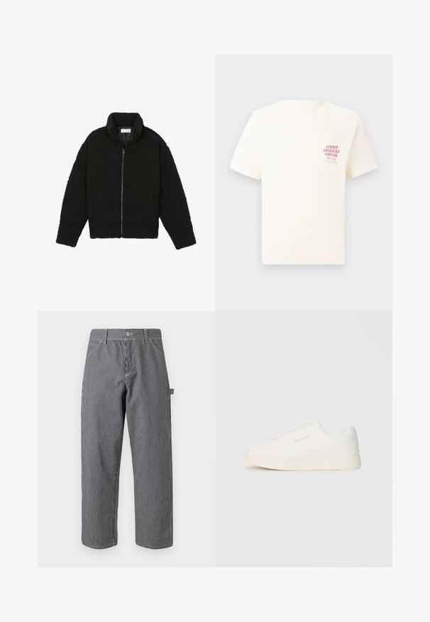 Veste en fausse fourrure noire avec un col haut, fermeture éclair, poignets élastiques et un design matelassé. Elle possède des poches latérales et une texture douce.; T-shirt blanc à manches courtes avec le texte rouge "Édition Originals du Studio" sur la poitrine gauche, présenté sur un fond gris neutre.; Pantalons rayés en tissu mélangé coton, avec des rayures verticales noires et blanches, une fermeture à bouton et un design de poches latérales.; Baskets blanches sans lacets avec une surface texturée, une semelle épaisse et un design minimaliste. Présente le logo de la marque sur le côté.