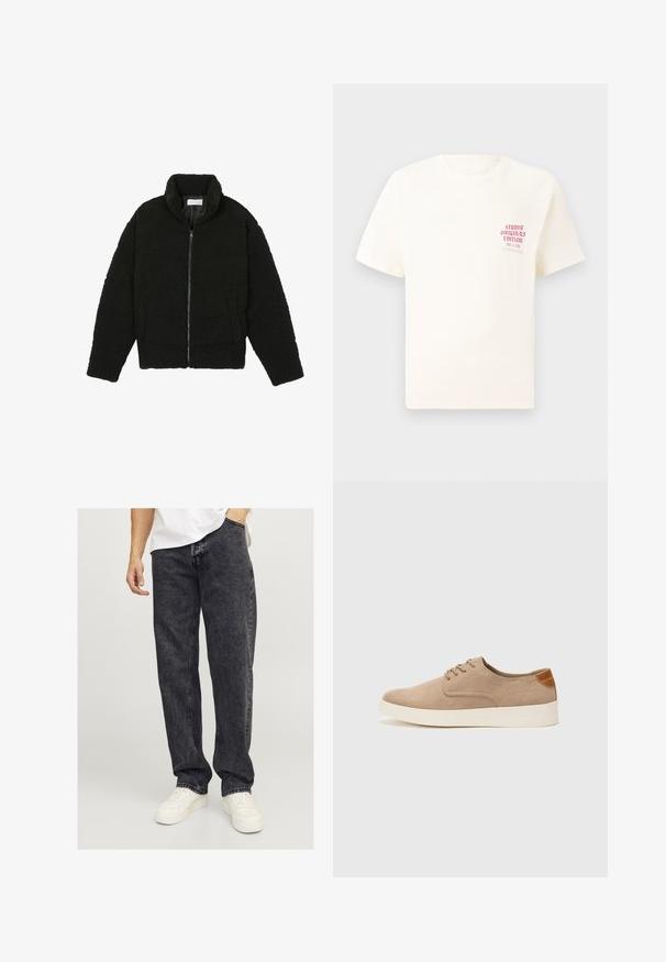 Casaco de pelo sintético preto com gola alta, fecho de zip, punhos elásticos e um design acolchoado. Apresenta bolsos laterais e uma textura suave.; T-shirt branca de mangas curtas com o texto vermelho "Edição Originais do Estúdio" no lado esquerdo do peito, apresentada sobre um fundo cinza neutro.; Jack & Jones JJIEDDIE JJORIGINAL - Calças de ganga largas - black denim; Sapatilhas de camurça bege com bico arredondado, fecho de atacadores na parte da frente e um detalhe texturizado na parte de trás. A sola de borracha branca proporciona contraste. Design simples e moderno.
