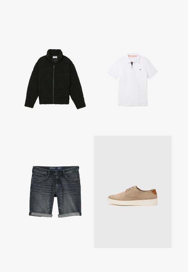 Czarna kurtka z faux futra z wysokim kołnierzem, zapięciem na zamek, elastycznymi mankietami i pikowanym wzorem. Posiada boczne kieszenie i miękką fakturę.; Biała koszulka polo z czarnym kołnierzykiem i pomarańczowymi detalami, krótkimi rękawami oraz małym logo na piersi. Wykonana z oddychającej mieszanki bawełny.; Szorty dżinsowe w ciemnoszarym kolorze, o klasycznym kroju z pięcioma kieszeniami i podwiniętymi nogawkami. Wykonane z bawełny, miękka tekstura. Rozmiar M.; Beżowe zamszowe sneakersy z okrągłym noskiem, sznurowanym przodem i teksturowanym akcentem na tyle. Biała gumowa podeszwa tworzy kontrast. Prosty i nowoczesny design.