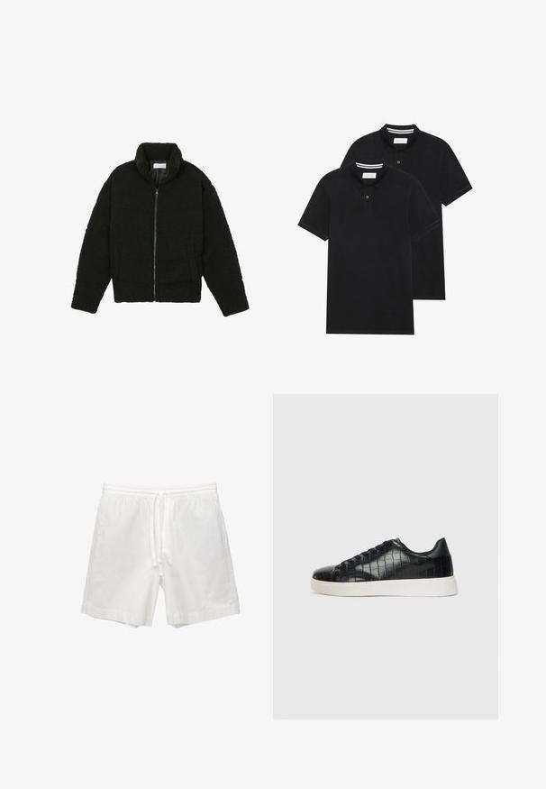 Giacca in pelliccia sintetica nera con colletto alto, chiusura con zip, polsini elasticizzati e design trapuntato. Presenta tasche laterali e una consistenza morbida.; Due magliette polo nere, con maniche corte, in cotone, con colletto classico, pattina a due bottoni e dettagli a righe bianche all'interno del colletto.; Shorts bianchi in cotone con vita elasticizzata e cordino, tasche laterali e taglio dritto con orli rifiniti.; Sneaker nere con una toma superiore in pelle con effetto croc embossato, punta rotonda e suola in gomma bianca a contrasto con una finitura liscia.
