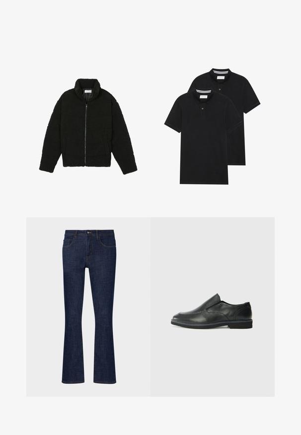 Čierna umelá kožušinová bunda s vysokým golierom, zipsom, elastickými manžetami a prešívaným dizajnom. Má bočné vrecká a jemnú textúru.; Dvé čierne polo tričká, krátke rukávy, vyrobené z bavlny, s klasickým golierom, dvojitým gombíkom a bielymi pruhmi vo vnútri goliera.; Tmavomodré riflové nohavice so širokým spodným okrajom a stredne vysokým pásom, s piatimi vreckami a kontrastným prešívaním. Hladký povrch s minimálnym opotrebovaním.; Čierny kožený nazúvací topánka s hladkým zvrškom, prešitými akcentmi, zaoblenou špičkou a nízkym gumovým podpätkom. Podošva má minimálny dezén.