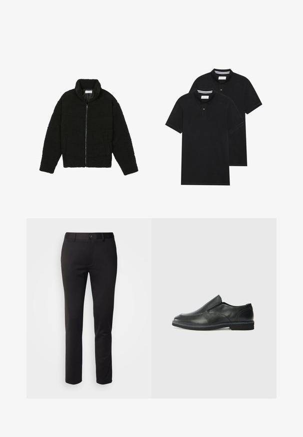 Zwarte faux fur jas met een hoge kraag, ritssluiting, elastische manchetten en een doorgestikt ontwerp. Beschikt over zijzakken en een zachte textuur.; Twee zwarte polo shirts, met korte mouwen, van katoen, met een klassieke kraag, een knoopsluiting met twee knopen en witte gestreepte accenten aan de binnenkant van de kraag.; Zwarte broek van gladde stof, met een rechte pijpdesign, sluiting met voorste knoop en riemlussen, weergegeven op een witte achtergrond.; Zwarte leren instapper met een soepele bovenkant, gestikte accenten, ronde neus en een lage rubberen hak. De zool heeft minimale profiel.