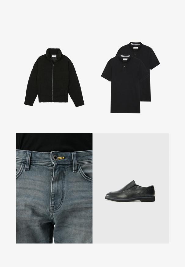 Črna jakna iz umetnega krzna z visokim ovratnikom, z zadrgo, elastičnimi manšetami in kviltanim dizajnom. Ima stranske žepke in mehak tekstur.; Dve črne polo majice, kratke rokave, iz bombažnega materiala, z klasik ovratnikom, dvobodno zaponko in belimi črtkami znotraj ovratnika.; Bledi modri kavbojki z gumbom za zapiranje, rumeno obrobo ob pasu in klasičnim dizajnom s petimi žepi. Tekstura se zdi mehka in obrabljena.; Črne usnjene natikače z gladkim zgornjim delom, prišitimi detajli, zaobljenim nosom in nizkim gumijastim petkom. Podplat ima minimalen profil.