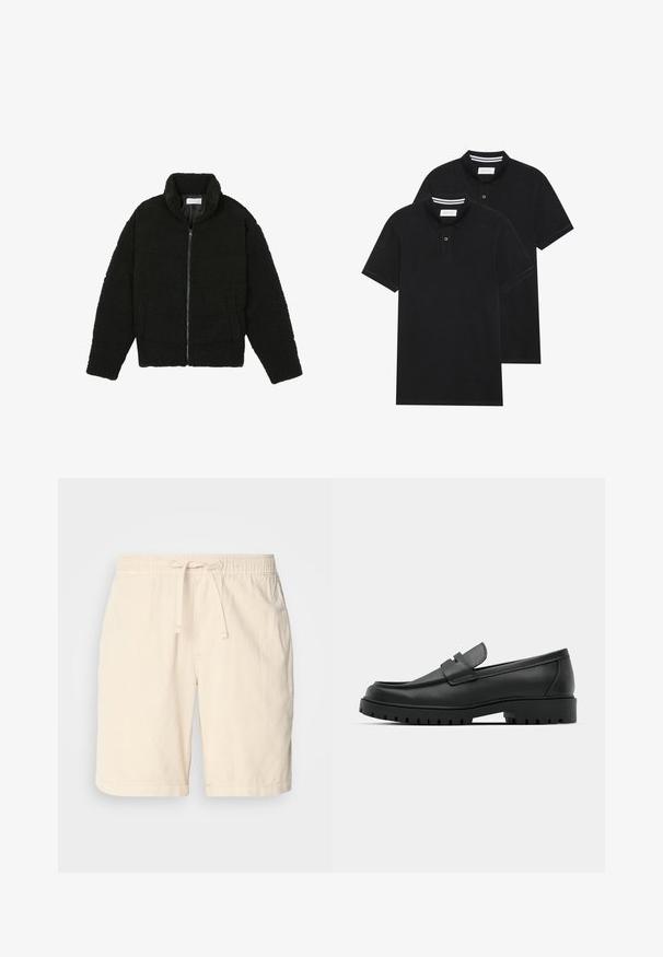 Veste en fausse fourrure noire avec un col haut, fermeture éclair, poignets élastiques et un design matelassé. Elle possède des poches latérales et une texture douce.; Deux polos noirs, à manches courtes, en coton, avec un col classique, une patte de boutonnage à deux boutons, et des accents rayés blancs à l'intérieur du col.; Shorts en coton beige avec une taille élastique et un cordon de serrage ajustable, comportant des poches latérales et une coupe décontractée.; Mocassins en cuir noir à bout arrondi, avec un design cousu, une semelle plateforme basse et une semelle en caoutchouc texturée et crantée.