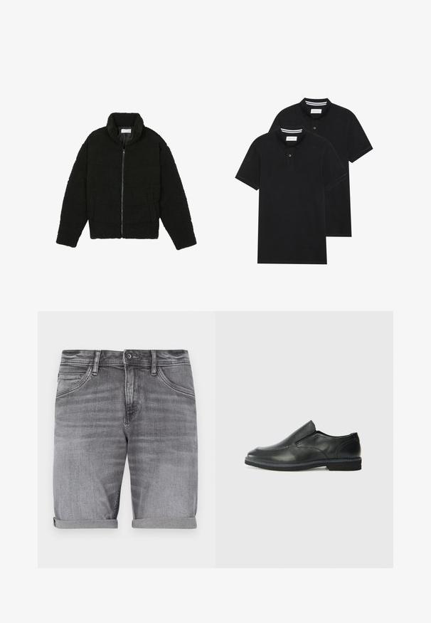 Svart fuskepelsjakke med høy krage, glidelås, elastiske mansjetter og quiltet design. Har sidelommer og en myk tekstur.; To svarte polo skjorter, kortermet, i bomullsmateriale, med krage i klassisk stil, to-knapps knappestolpe, og hvite striper inni kragen.; Grå denimshorts med en lett falmet finish, rullede ermer, fem-lommers design og en metallknapp-lukking i livet.; Sorte skinn slip-on sko med en jevn overflate, stikking detaljer, rund tå og en lav gummihæl. Sålen har minimal mønstring.