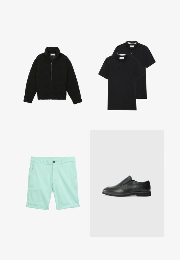Črna jakna iz umetnega krzna z visokim ovratnikom, z zadrgo, elastičnimi manšetami in kviltanim dizajnom. Ima stranske žepke in mehak tekstur.; Dve črne polo majice, kratke rokave, iz bombažnega materiala, z klasik ovratnikom, dvobodno zaponko in belimi črtkami znotraj ovratnika.; Svetlo teal kratke hlače iz lahkega materiala, z gumbom za zapiranje, dvema sprednjima žepoma in zvijanimi robovi za sproščen fit.; Črne usnjene natikače z gladkim zgornjim delom, prišitimi detajli, zaobljenim nosom in nizkim gumijastim petkom. Podplat ima minimalen profil.