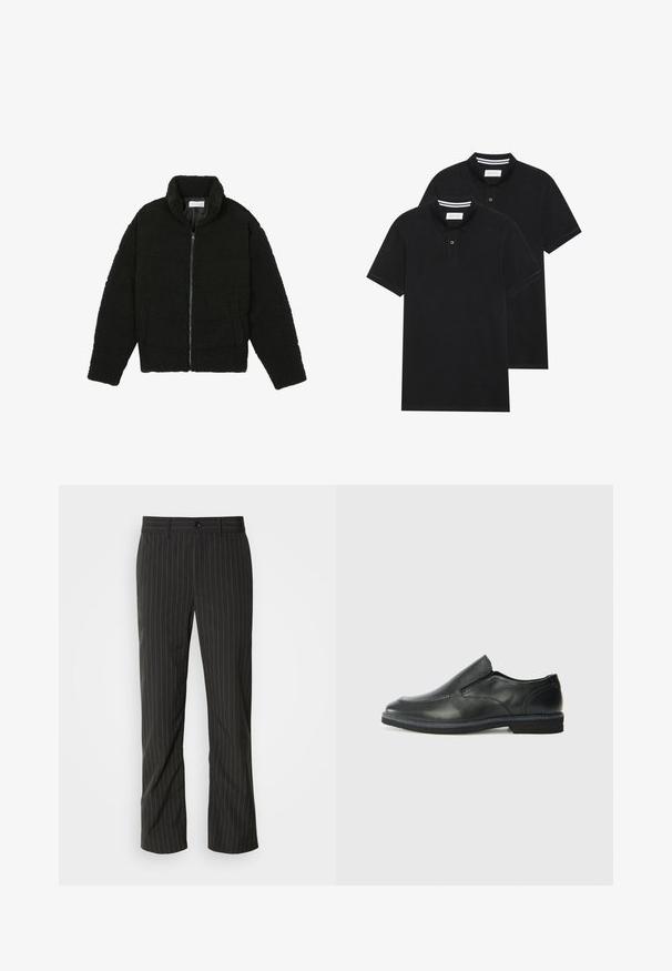 Čierna umelá kožušinová bunda s vysokým golierom, zipsom, elastickými manžetami a prešívaným dizajnom. Má bočné vrecká a jemnú textúru.; Dvé čierne polo tričká, krátke rukávy, vyrobené z bavlny, s klasickým golierom, dvojitým gombíkom a bielymi pruhmi vo vnútri goliera.; Čierne pruhované nohavice so rovným strihom. Majú hladkú textúru, zapínanie na predný gombík a pútka na opasok.; Čierny kožený nazúvací topánka s hladkým zvrškom, prešitými akcentmi, zaoblenou špičkou a nízkym gumovým podpätkom. Podošva má minimálny dezén.
