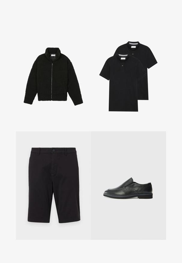 Schwarze Kunstpelzjacke mit hohem Kragen, Reißverschluss, elastischen Bündchen und gestepptem Design. Verfügt über seitliche Taschen und eine weiche Textur.; Zwei schwarze Polohemden, kurzärmlig, aus Baumwolle, mit einem klassischen Kragen, zwei Knöpfen und weißen Streifenakzenten im Inneren des Kragens.; Schwarze Shorts aus einem leichten Stoff. Mit Knopfverschluss, Gürtelschlaufen, zwei Seitentaschen und geradem Schnitt.; Schwarze Leder-Slipper mit glattem Obermaterial, gesteppten Akzenten, runder Zehenpartie und niedrigem Gummiabsatz. Die Sohle hat ein minimales Profil.