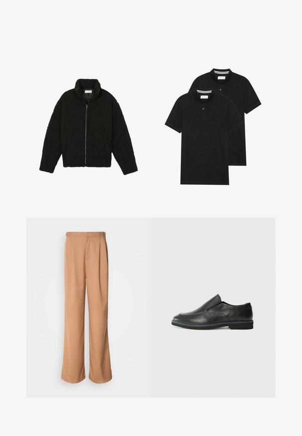 Casaco de pelo sintético preto com gola alta, fecho de zip, punhos elásticos e um design acolchoado. Apresenta bolsos laterais e uma textura suave.; Duas camisetas polo pretas, de manga curta, em material de algodão, com colarinho clássico, abertura com dois botões e detalhes em riscas brancas no interior do colarinho.; Calças largas, cortadas, feitas de tecido bege suave, com pregas frontais e detalhes metálicos na cintura.; Sapato slip-on preto em pele com um upper liso, acabamentos cosidos, bico arredondado e um salto de borracha baixo. A sola apresenta um padrão de aderência mínimo.