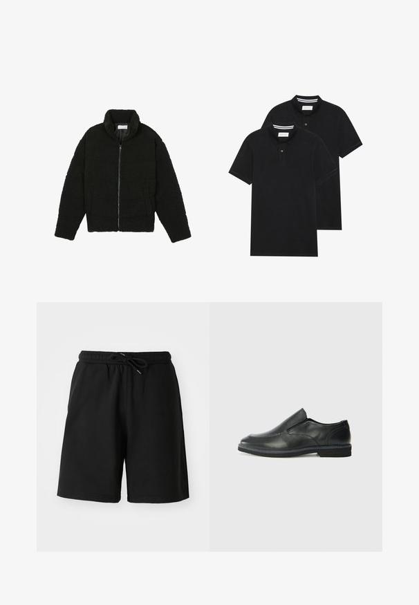 Chaqueta de pelaje sintético negro con cuello alto, cierre de cremallera, puños elásticos y un diseño acolchado. Cuenta con bolsillos laterales y una textura suave.; Dos camisetas polo negras, de manga corta, de material de algodón, que presentan un cuello clásico, una tapeta de dos botones y acentos de rayas blancas en el interior del cuello.; Pantalones cortos de algodón negros con cintura elástica, cierre con cordón y bolsillos laterales. Textura suave, diseño hasta la rodilla.; Zapato negro de cuero sin cordones con un upper suave, detalles de costura, punta redonda y un bajo tacón de goma. La suela presenta una tracción mínima.